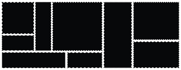 wavy edge shapes. or frames Set of frames with zigzag edge, scallop edge shape. Rectangle shape frame with zigzag edge. zigzag frame. Geometric zig zag wavy edge stickers, frames, shapes.