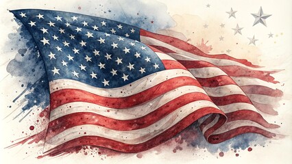 Grunge-painted US flag, watercolor design for national holiday.