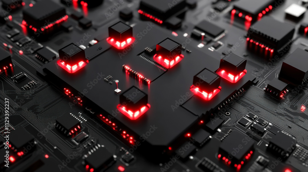 Poster circuit board with glowing red components showcasing advanced technology and design