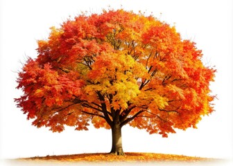 Crisp autumn air, vibrant leaves cascade around a single tree, showcasing fall fashion against a pure white backdrop.