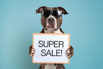 Dog wearing sunglasses holds SUPER SALE sign, set against light blue background