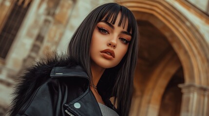 Fototapeta premium A confident woman with striking makeup and a leather jacket stands in front of an ornate archway, exuding a sense of modern style and elegance.