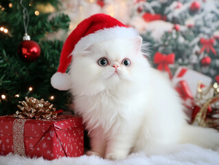 white persia cat wearing santa claus hat sit with gift box 