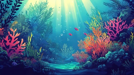 A vibrant underwater scene featuring colorful coral reefs, diverse marine life, and beams of sunlight filtering through the water.