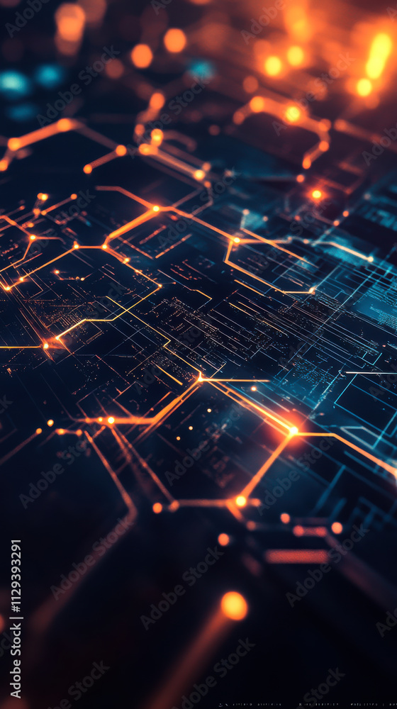 Poster digital circuitry with glowing lines and nodes in a high-tech environment