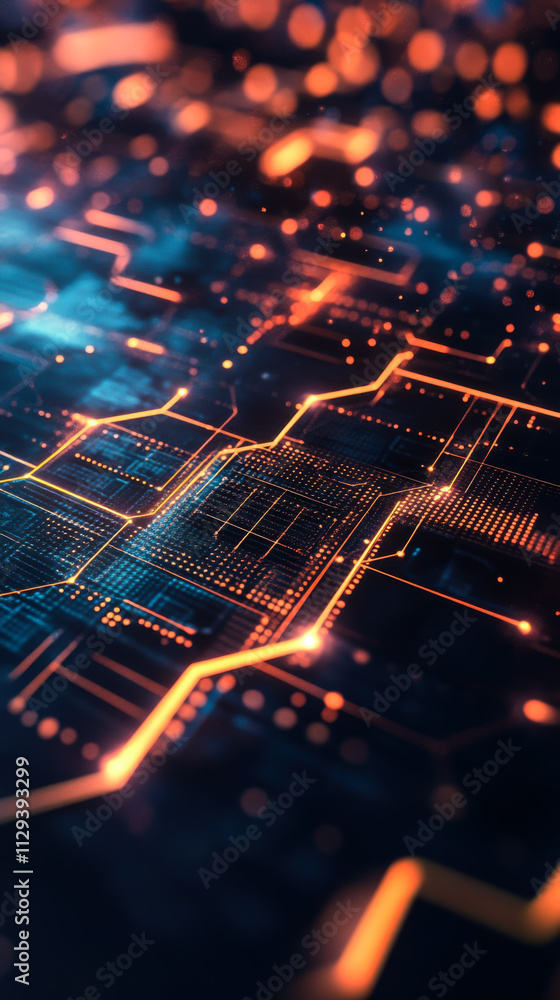 Poster digital circuitry with glowing lines and nodes in a high-tech environment