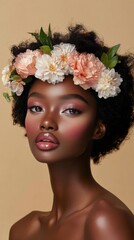 Naklejka premium Model poses elegantly with floral crown showcasing vibrant makeup and natural beauty