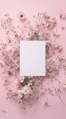 Obraz premium Colorful floral arrangement with empty space for text on a soft pink background