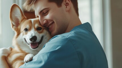 A cheery vet in blue attire embraces a content Corgi, representing warmth and trust in a veterinary setting, highlighting the bond of friendship.
