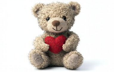 Obraz premium A fluffy teddy bear holding a red heart, sitting on a clean white background with a soft shadow