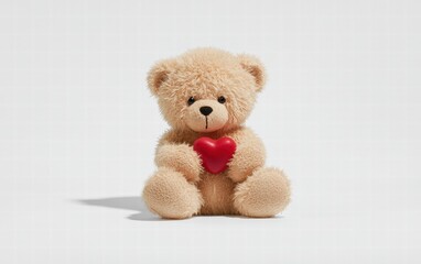A fluffy teddy bear holding a red heart, sitting on a clean white background with a soft shadow