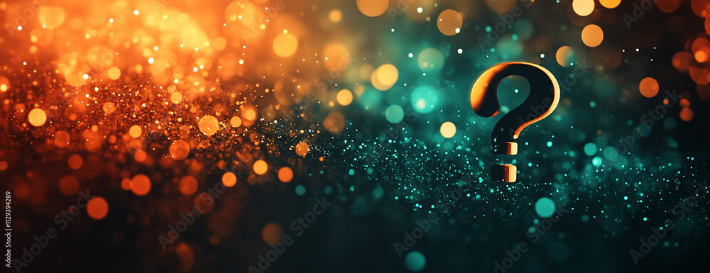 Poster question mark surrounded by vibrant bokeh lights in orange and teal colors creates a mysterious atmo