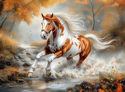 Vibrant Chestnut and White Horse Galloping Through Autumn Stream in Forest Setting
