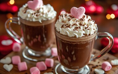 A romantic hot chocolate topped with whipped cream and pink marshmallows for valentines day