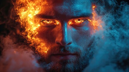 Intense portrait of a man engulfed in fire and smoke, with piercing eyes.