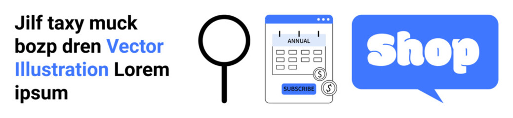 Text with magnifying glass, calendar icon, and blue speech bubble with Shop text. Ideal for business advertisements, e-commerce, digital marketing, promotions, and New Year sales. Banner for landing