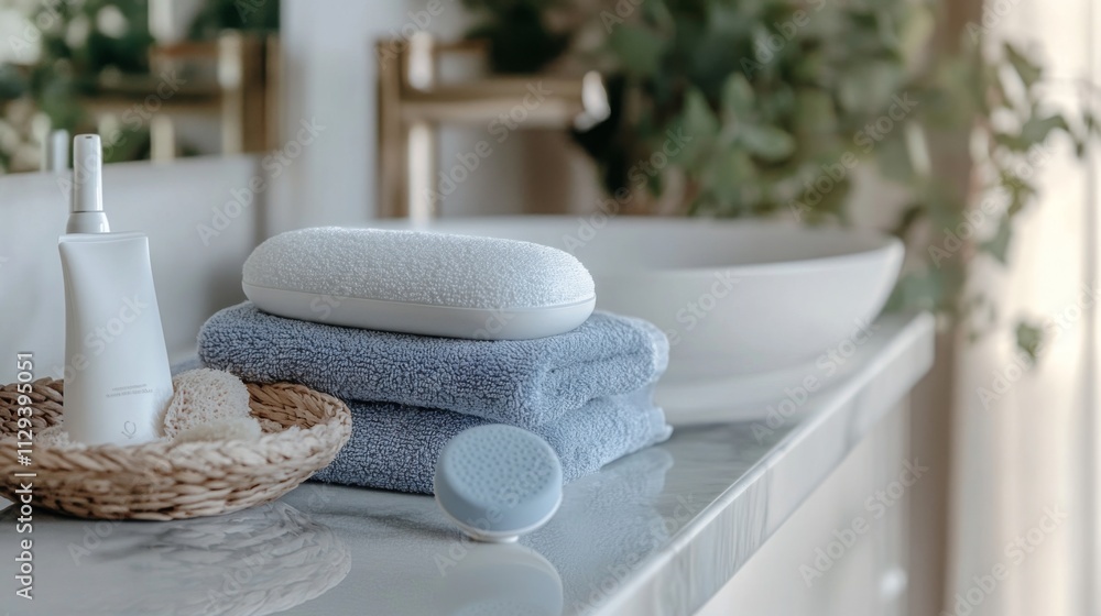 Aufkleber soft towels and bath essentials are neatly arranged on a countertop, creating a calming atmosphere. 