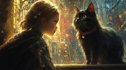 A young girl gazes at a black cat in a dim, enchanted setting, embraced by warm, golden light hinting at magic and curiosity, inducing a sense of wonder.
