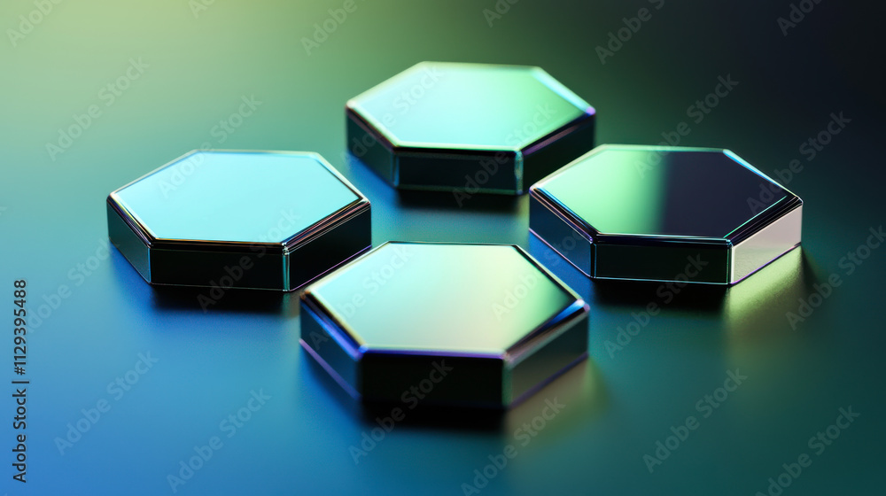 Poster shiny hexagonal metallic objects reflecting colorful light on a dark surface