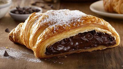 A warm, flaky croissant filled with chocolate ganache, dusted with powdered sugar.
