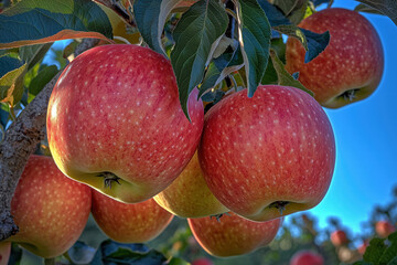 Fuji apples growing on a tree with green leaves on an apple farm on a sunny clear blue sky day.