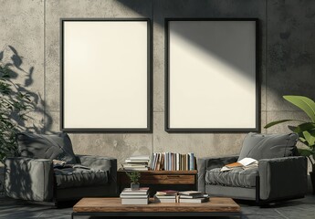 A neutral room with two vertical blank frames, grey chairs, a coffee table, and books.