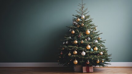 A sparse Christmas tree decorated with monochromatic ornaments