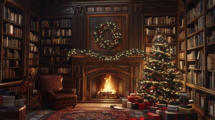 Obraz premium An elegant library adorned for the holidays with rich wood finishes, featuring a beautifully lit Christmas tree, fireplace, wreath, and wrapped gifts.