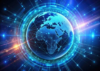 Cybernetic globe bursts with data streams, visualizing IoT networks and wireless connectivity.