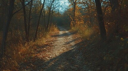 Fototapeta premium A serene autumn path lined with trees and fallen leaves under a bright blue sky.