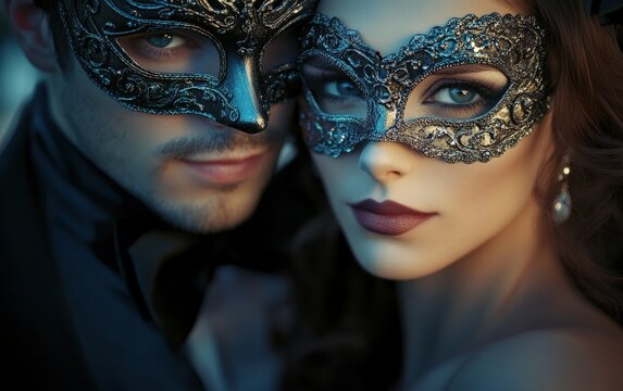 A couple wearing elegant masks at a romantic valentines day ball