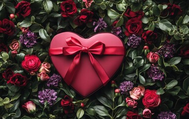 A heart-shaped gift box with a red bow surrounded by flowers for valentines day