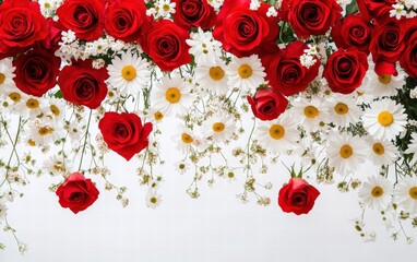A cascade of roses and daisies in a mid-air arrangement, symbolizing love and joy for valentines day