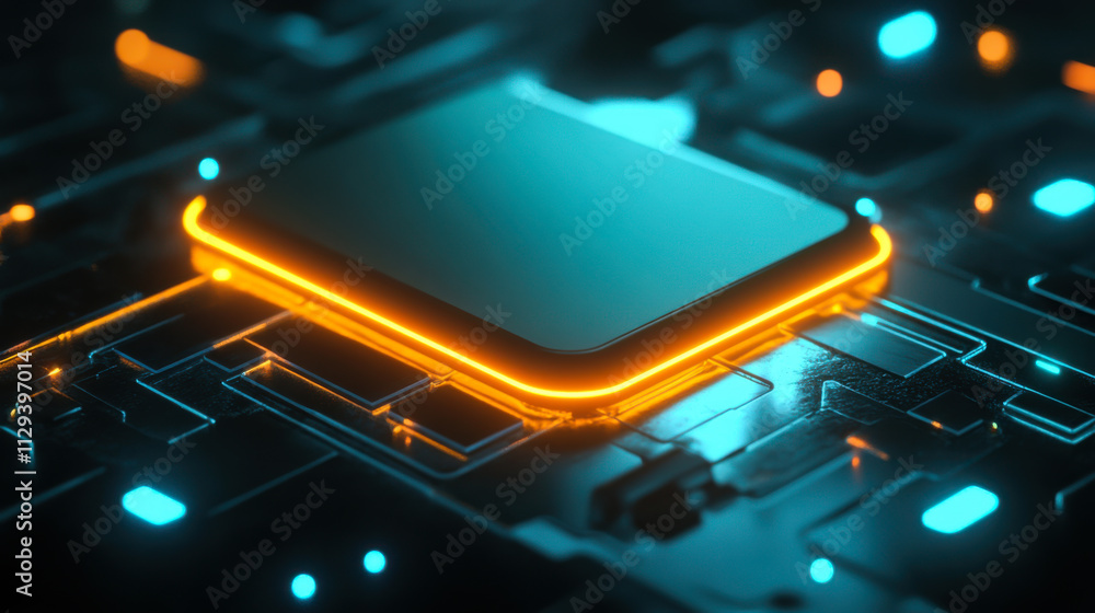 Poster high-tech circuit board featuring illuminated rectangular components in a dark setting