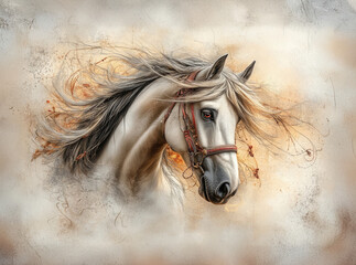 Graceful White Horse with Flowing Mane and Artistic Background
