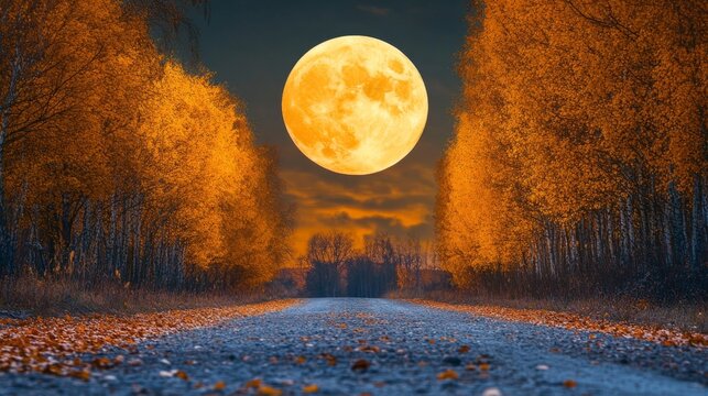 An atmospheric scene depicts a bright, full moon ascending above a quiet rural road bordered by fiery orange trees, embodying the essence of autumnal beauty.