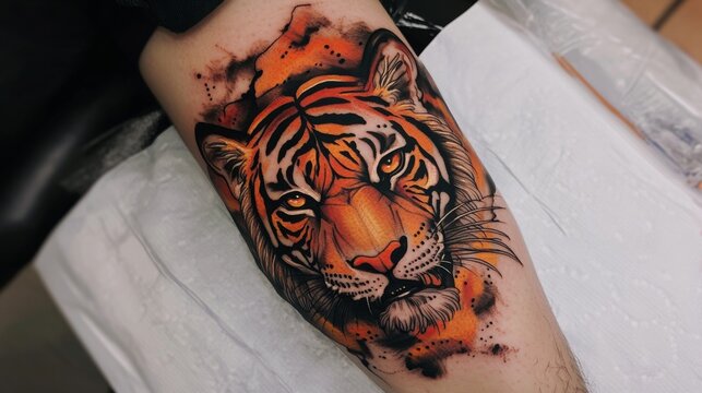 A detailed tattoo depicting a vibrant tiger in a striking pose with a fierce orange and black hue, showcasing skillful artistry and intense expression.