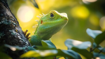Fototapeta premium A green lizard is sitting on a tree branch