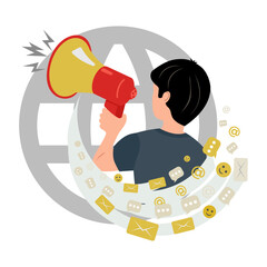Influence marketing. The megaphone is in the hands of a man. A blogger places ads on the Internet. Vector illustration of how advertising is distributed over the Internet 