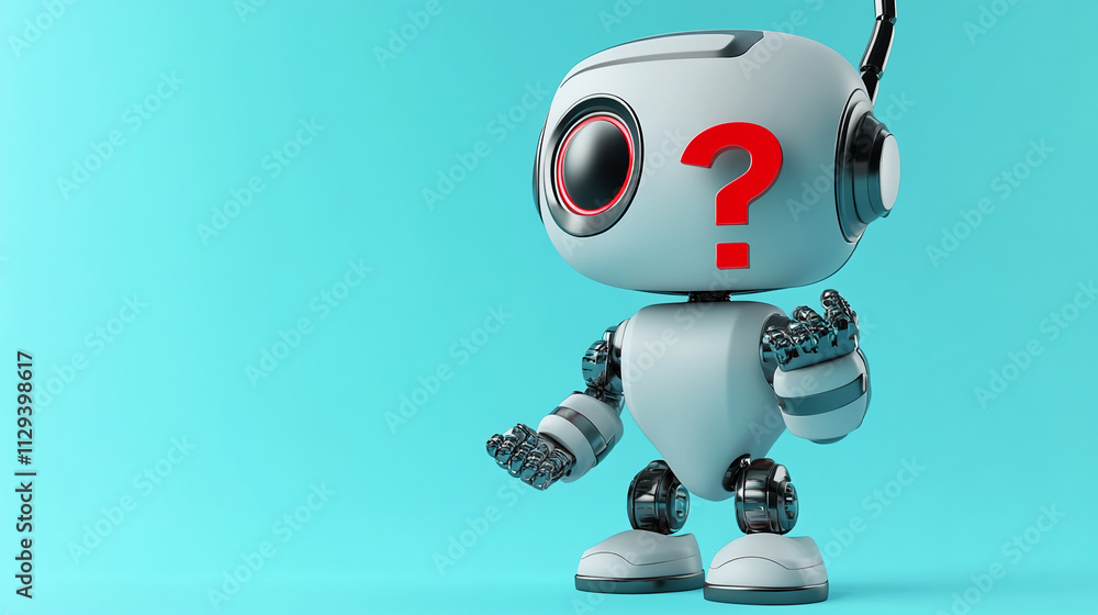 Poster Innovative robot with question mark concept, showcasing artificial intelligence in a digital environment