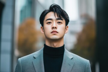 Obraz premium 都会の街で洗練された装いの若者が自信を持って立っている様子