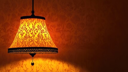 Traditional lampshade silhouette casting warm light against richly patterned wall decor