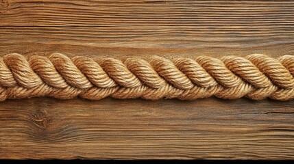 Fototapeta premium Rope Detail on Textured Wooden Plank Background for Nautical and Rustic Themes