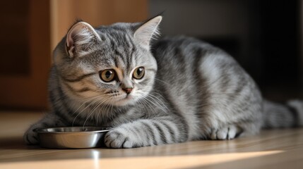 Naklejka premium Gray British Shorthair kitten lounging beside a metal bowl on wooden floor with soft natural lighting and a curious expression.