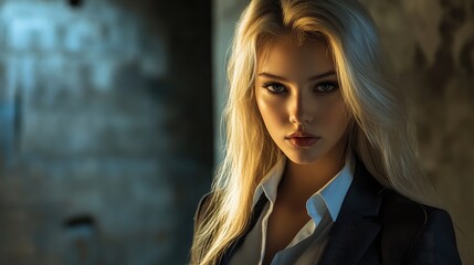 Fototapeta premium Confident businesswoman with long blonde hair in a stylish suit posing in an industrial setting with dramatic lighting