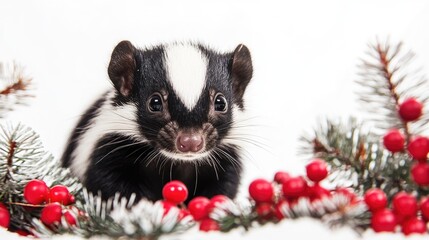 Skunk surrounded by festive greenery and red berries on a white background showcasing holiday spirit and wildlife charm