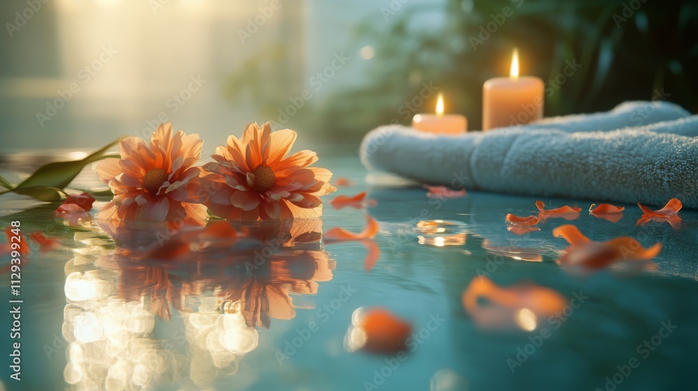 Poster soft candlelight flickers around vibrant flowers floating on water. a plush towel rests nearby, crea