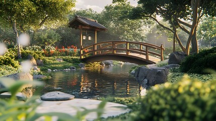 Obraz premium A serene garden scene featuring a wooden bridge over a calm stream surrounded by lush greenery.