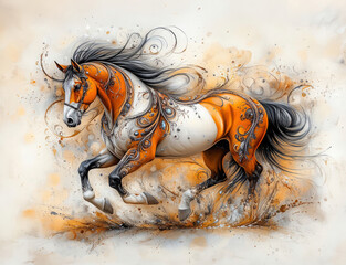 Fantasy Chestnut and White Horse with Ornate Patterns Galloping in Vibrant Artistic Scene
