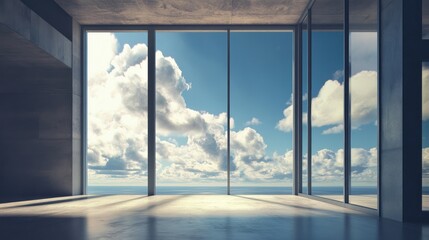 Scenic panoramic view of a modern interior with large glass windows showcasing a beautiful cloudy sky landscape.